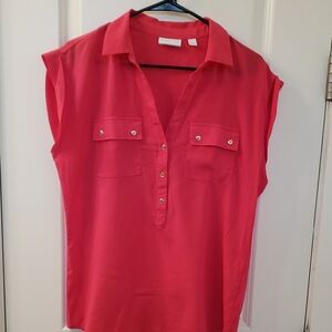 New York & Company Pink Cap Sleeve Button Down Polo